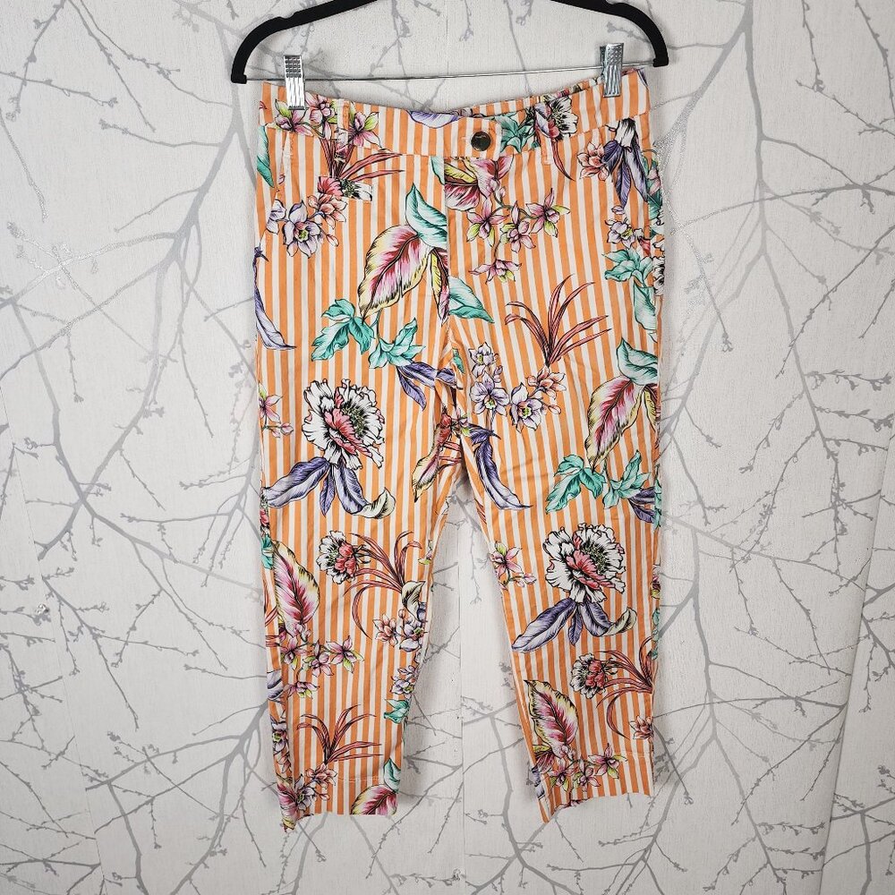 Zerres Orange Stripe Colorful Floral Print High Rise Capri Pants